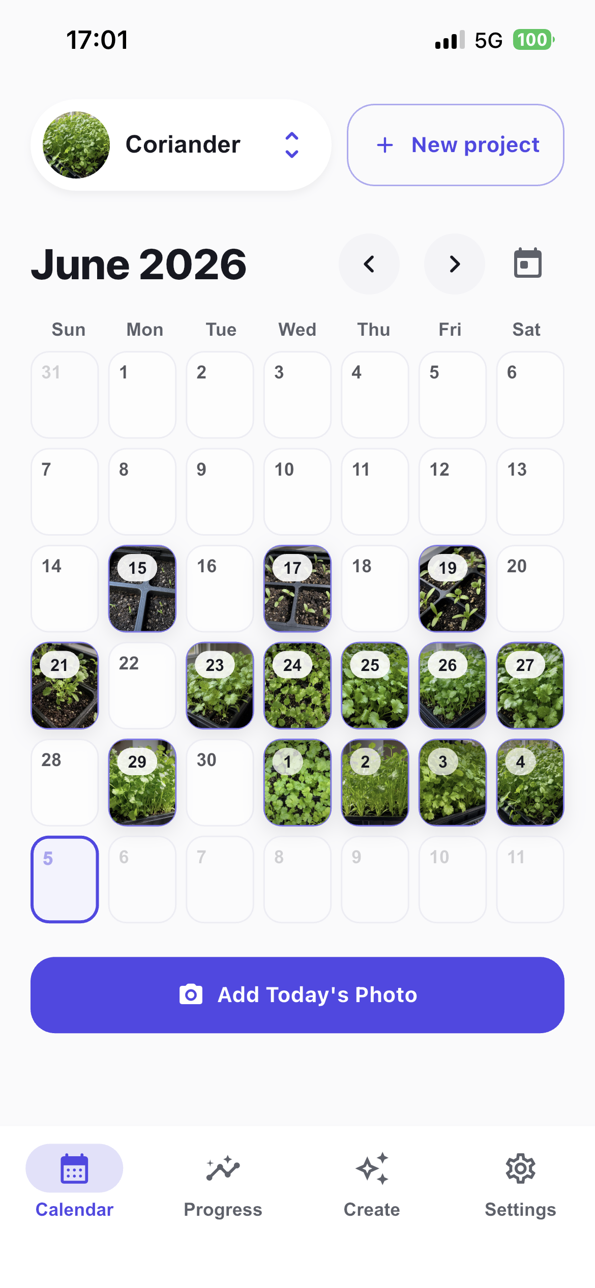 ChangeVisible calendar showing a month of daily coriander photos