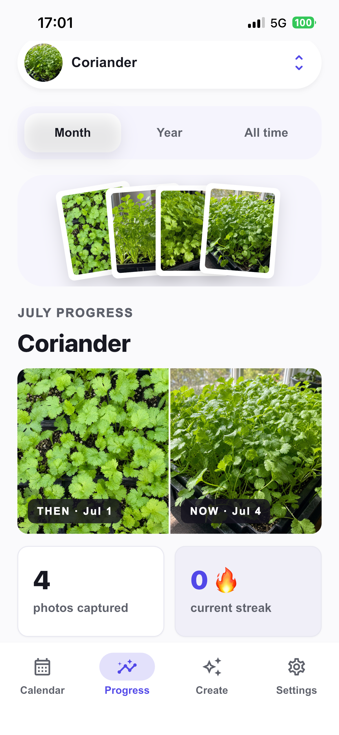 Coriander progress screen with then and now